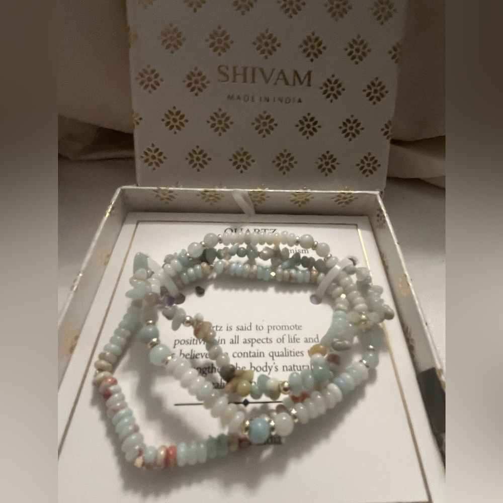 NWT SHIVAM Made in India Set Of 3 Brass Bead Quarrtz Bracelets Gift Box